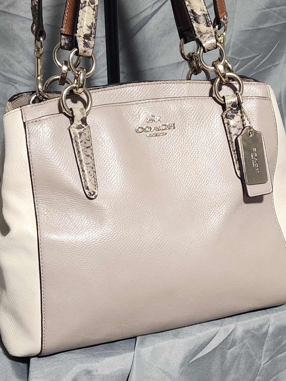 Coach Minetta Snake Print Taupe Leather Shoulderbag Satchel Handbag Purse